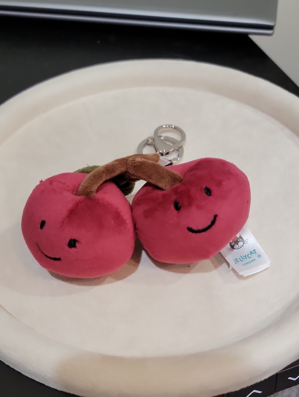 Jellycat Plush Cherry Keyring in Deep Red with Brown Stem